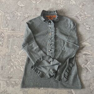Tory Burch Heather Gray Ruffle-Trim Cashmere Sweater